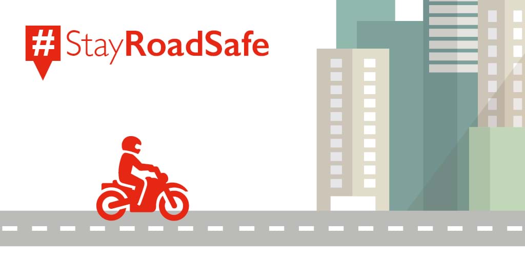 motorcyclist on a road as part of #StayRoadSafe campaign.